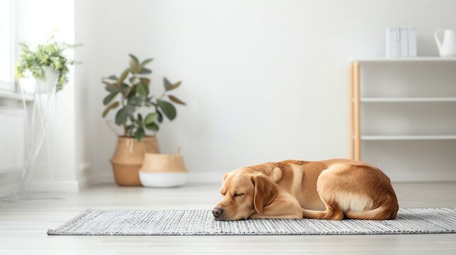 Serene dog curled up on a sleek, modern rug in a tidy, minimalist room, Dog, Serene and Minimalist concept