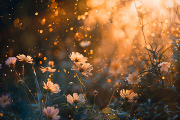 Fototapeta premium Sunlit flowers with magical dust particles in the air.