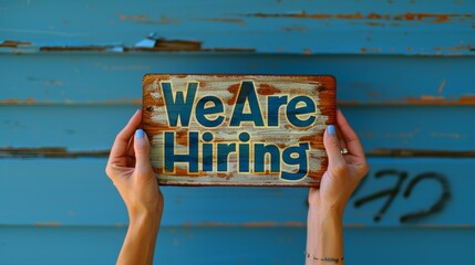 Vintage Wooden Hiring Sign Held by Hands in Front of Blue Background