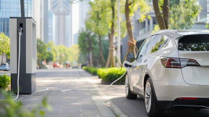 Fototapeta premium Advanced electric car plugged into a renewable energy hub in a prime city location, Automobile, EV, Energy Hub and Location concept