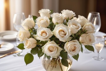 Obraz premium A beautiful bouquet of white roses fills a glass vase ready to add a romantic touch to any table