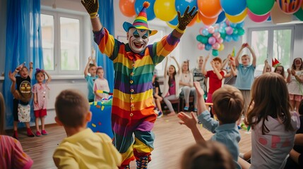 an enthusiastic clown in the middle of a birthday event, attended by a group of children watching enthusiastically