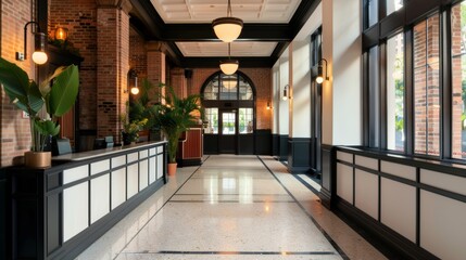 Charming boutique hotel lobby, vintage-style desk, warm lighting, friendly staff offering booking and information services