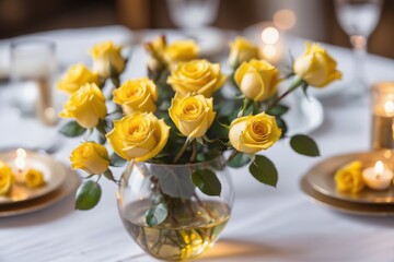 A beautiful bouquet of yellow roses in a glass vase on a table perfect for a wedding celebration