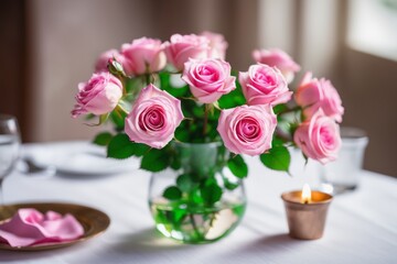 A beautiful bouquet of pink roses fills a glass vase ready to add a romantic touch to any table