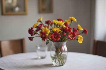 A beautiful summer arrangement of red daisies and yellow chrysanthemums brightens a glass vase