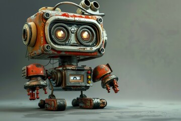 Vintagestyle robot with rustic texture stands against a plain gray backdrop
