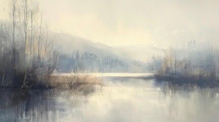 Fototapeta premium Misty Lake Landscape with Reflective Water and Soft Light
