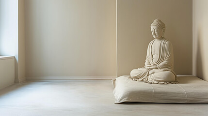 Minimalist room with sand colored Buddha statue with copy space