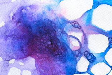 abstract watercolor foam bubble blue wave hand drawn. tranquil paint stroke, purple galaxy space