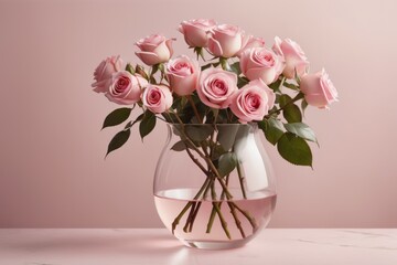 A beautiful bouquet of pink roses fills a glass vase ready to add a romantic touch to any table