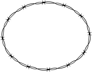 Barbed wire twisted ring y2k, round border tattoo, gothic textured steel frame, spiky oval barrier, silhouette isolated on white background. 