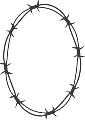 Barbed wire twisted ring y2k, round border tattoo, gothic textured steel frame, spiky oval barrier, silhouette isolated on white background. 
