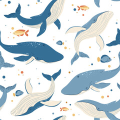 Obraz premium Seamless pattern with cartoon whale. Background with sea animal in flat style. Suitable for decoration, design, stickers