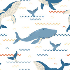 Seamless pattern with cartoon whale. Background with sea animal in flat style. Suitable for decoration, design, stickers