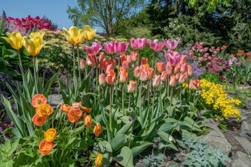 A bright spring garden with colorful flowers and the rejuvenating energy of nature. Bright flowers fill the scene under a blue sky