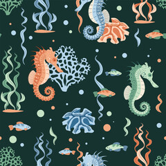 Seamless pattern with cartoon doodle seahorse. Background with sea animal in flat style. Suitable for decoration, design, stickers