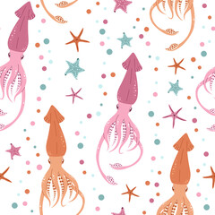 Seamless pattern with cartoon doodle squid. Background with sea life in flat style. Suitable for decoration, design, stickers