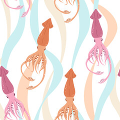 Seamless pattern with cartoon doodle squid. Background with sea life in flat style. Suitable for decoration, design, stickers