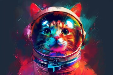 Whimsical cosmic feline adventurer in space helmet digital art with vibrant colors and playful imaginative design, perfect for science fiction and fantasy lovers