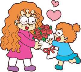 Happy Mothers Day character cartoon mom and daughter.
Mom and son illustration with heartwarming design.