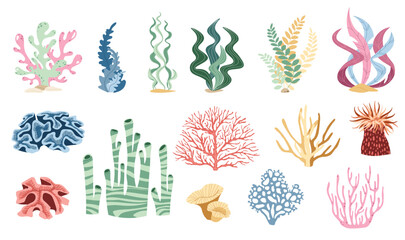 Set of flat seaweeds, corals, reefs on a white background. Vector illustration of aquatic plants in doodle style. Suitable for decoration, sticker design © Siawi_art