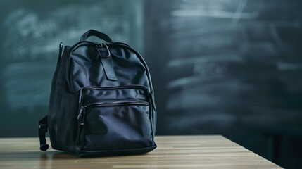 Empty black backpack on the classroom table, the blackboard background is slightly blurred, the bag is placed neatly in the middle of the classroom table