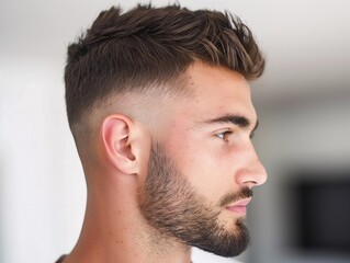 Obraz premium A man with a fade haircut, showing off his trendy style