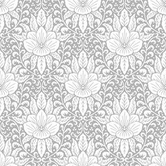 Seamless gray Damask pattern with tropical motifs. Floral abstract repeat monochrome background.