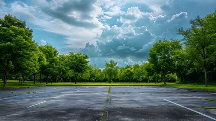 Fototapeta premium outdoor empty space parking lot with trees and cloudy sky. outside parking lot in a park.