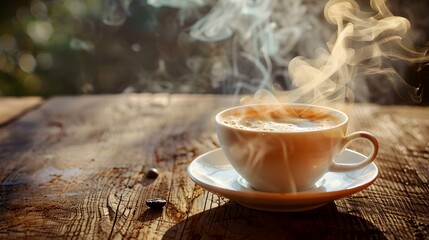Fresh coffee steaming on a wooden table, coffee steam is clearly visible rising from the cup