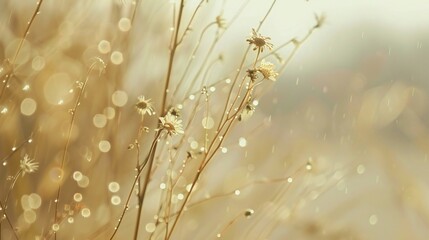 Close-up of wet chamomile branch, soft white-yellow blur background, rain drops, calming and delicate composition.