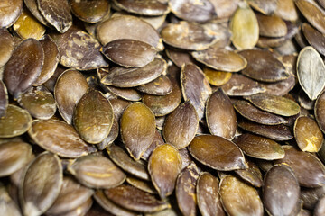 Peeled pumpkin seeds, kernels close-up