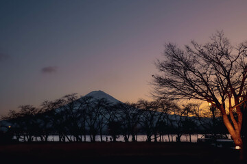 view of lake and mountain in evening