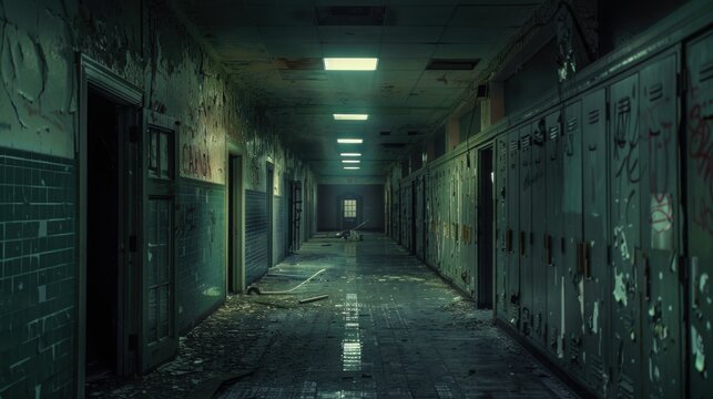 Abandoned School Hallway: Eerie Atmosphere with Flickering Lights, Creepy Shadows, and Decayed Lockers