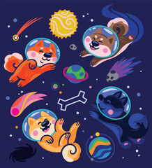 Cute cartoon huskies astronauts in the space