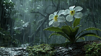 Tropical rainforest beauty  cattleya orchid in 3d, raindrops glistening on moss covered tree trunk