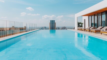 Fototapeta premium Luxurious hotel amenities including a rooftop infinity pool, comfortable sun loungers, cityscape background, blue skies, and guests enjoying a relaxing swim