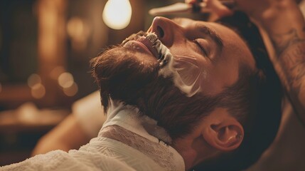 man shaving his beard and being shaved by a barber 