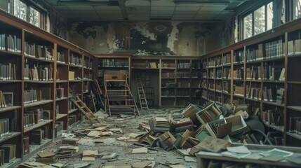 Obraz premium Abandoned School Library: Forgotten Books, Eerie Atmosphere of Dusty Shelves