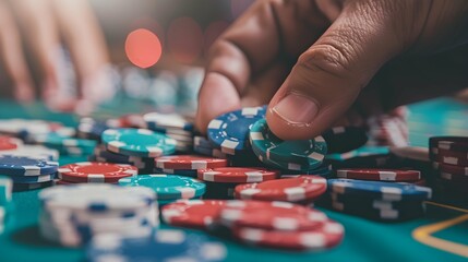 Fototapeta premium man's hand holding poker chips, casino table background 