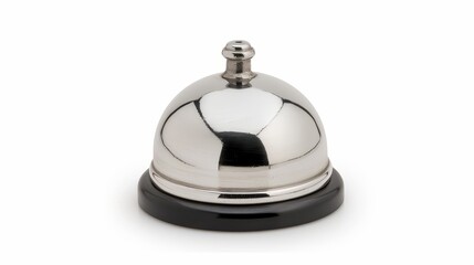 Shiny silver service bell, close-up view, isolated on white, emphasizing reflections and surface details