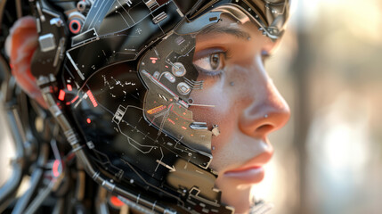 Fototapeta premium Cyborg woman with a beautiful face. Abstract image of the development of technology and biomechanics.
