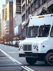Fototapeta premium mock up clean white food truck close up, stopping on the side of an urban road, with tall buildings in the background