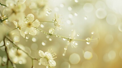Fototapeta premium Close-up of wet jasmine branch, soft white-yellow blur background, rain drops, fragrant and soothing composition.