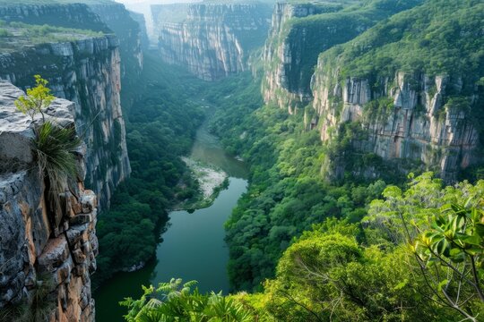 A canyon with a meandering river, surrounded by towering rock formations and lush greenery, Generative AI