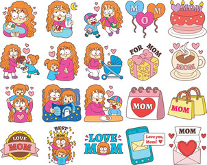 Obraz premium Happy Mothers Day character cartoon mom and daughter. Mom and son illustration with heartwarming design.