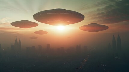 Alien Spacecraft Fleet Descending Over Futuristic City Skyline at Sunset