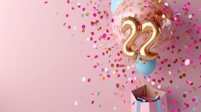 22nd Birthday Celebration with Balloons, Confetti, and Gift Box, Party Vibe on Pink Background