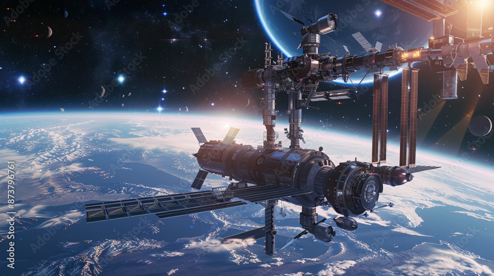 Wall mural a 3d depiction of a space station orbiting a planet, created with high-quality digital art in good q